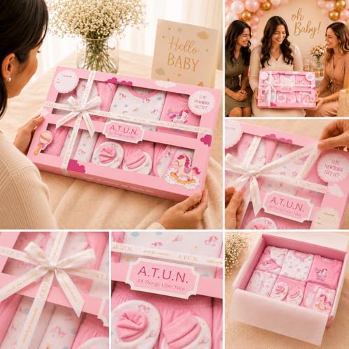 Image of A.T.U.N. (ALL THINGS UBER NICE) Premium Newborn Baby Gift Set (13 Pieces) | 100% Cotton Baby Clothing Set | 0-3 Months | Baby Shower and Welcome Gift Box