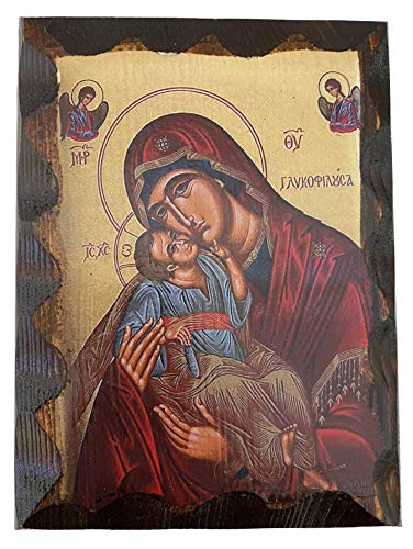 Handmade Greek Christian Orthodox Wood icon of Virgin Mary Glykofilousa (16 X 12cm or 6.3 X 4.7 in) Solid Wood