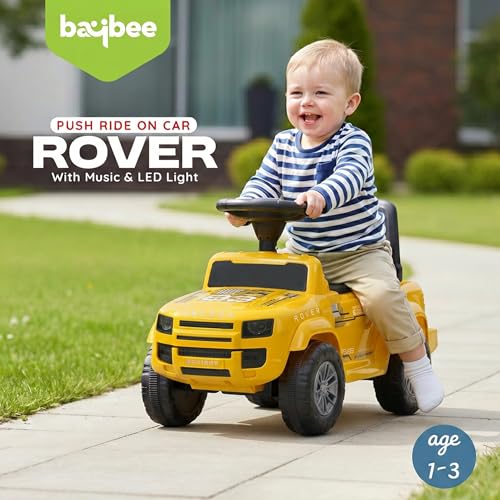 Image of Baybee Rover Baby Ride on Car for Kids | Portable Rideons Jeep with LED Lights & Music | Push Ride on Toys Car with Backrest & Toy Storage Basket | Kids Car to Drive 1-3 Years (Yellow)