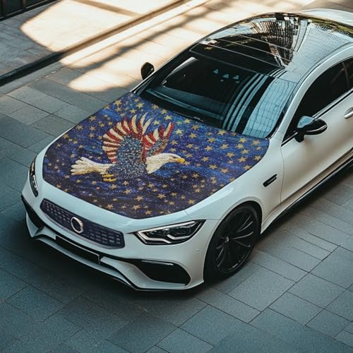 Image of Car Hood Cover Protector Stretchable Eagle American Flag Car Hood Wraps Auto Banner Auto Decorative Accessories for Compact Sedans SUV Trucks (59x39 Inch)