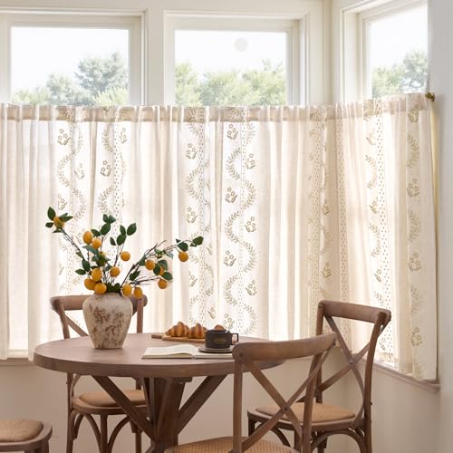 Image of jinchan Beige Floral Linen Kitchen Tier Curtains 50x45 Inch 2 Panels