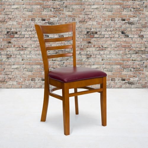 Image of Flash Furniture 2 Pack HERCULES Series Ladder Back Cherry Wood Restaurant Chair - Burgundy Vinyl Seat