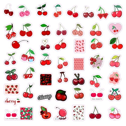 Image of 100Pcs Cherry Stickers for Water Bottle and Laptop - Fruit Party Favors & Decorations, Waterproof Vinyl Nature Decals, Cute Cherry Stickers Laptop Decals, Gifts for Women & Men