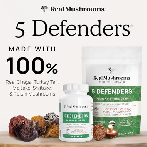 Real Mushrooms 5 Defenders - Adaptogenic Mushrooms Complex with Chaga, Reishi, Turkey Tail, Maitake & Shiitake for Wellness Support - Mushroom Beta Glucan Capsules - 90 Count - Image 3