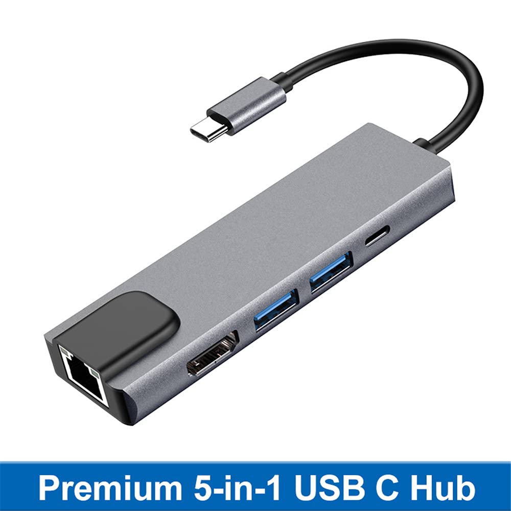 Tianle Hub USB C Ethernet, adaptateur multi-ports 5 en 1 avec port Gigabit Ethernet, HDMI 4K, charge USB C PD et 2 USB 3.0 compatible avec console Switch, MacBook, iPad, Surface, 5 en 1