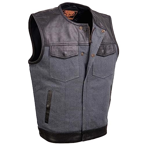 Milwaukee Leather MDM3005 Men's Brute Grey Denim w/Black Perforated Leather Club Style Vest w/Hidden Dual Closure
