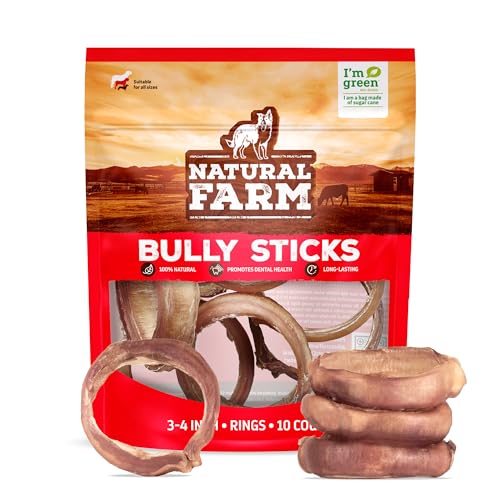 Natural Farm Odor Free Bully Sticks Ring Shaped (3-4 Inch 10 Pack) - 100% Beef Chews for More Engagement & Fun Grass-Fed Non-GMO Fully Digestible - Best for Small & Medium Chewers