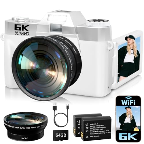 Image of 6K Digital Camera for Photography Autofocus, 2026 Upgraded WiFi Vlogging Camera for YouTube with 3 inch 180 Flip Screen 16X Zoom, 64GB SD Card & 2 Batteries Compact Travel Camera for Beginners Teens