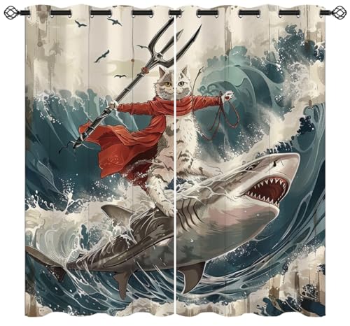Funny Cat Blackout Curtains for Girls Boys Kids Home Decor, Cartoon Riding Whale Shark Ocean Wave Grommet Thermal Insulated Drapes Darkening Window Curtain for Bedroom Living Room, 42 x 45 Inch