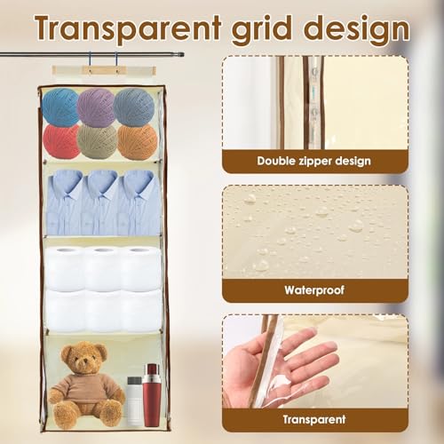 Image of Hanging Yarn Storage with 4 Large Pockets, Multi Functional Storage Bag, Clear Knitting Organizer Storage with Zippers for Crochet Lovers, Hanging Yarn Holder with Over-Door Hooks (khaki)