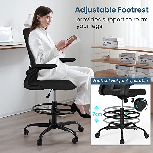 Drafting Chair, Tall Office Chair With Flip-Up Armrests Executive Ergonomic Computer Standing Desk Chair, Office Drafting Chair With Lumbar Support And Adjustable Footrest Ring #TOP2