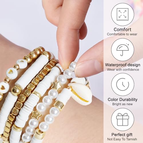 6Pcs Surfer Heishi Friendship Bracelets Set Stackable Stretch Clay Bead Bracelets for Women Preppy Elastic Layering Bracelets Boho Aesthetic Summer Beach Jewelry (white)4