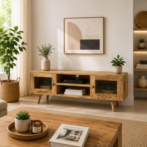 Image of The Attic Janah TV Cabinet, Solid Wood Sideboard TV Cabinet for Living Room, Wooden Free Standing TV Unit Side Board Table with Storage, Natural Matte Finish Glass