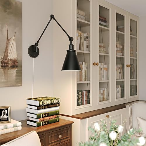 Image of Plug in Wall Sconces Set of Two, Black Swing Arm Wall Lamp with 6.6FT Plug-in Cord and Knob Switch, Metal Wall Lights for Bedroom, Reading, Study Room, Office, Living Room (2 Pack)