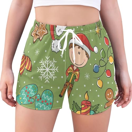 Merry Christmas Cute Kids Green Red Athletic Workout Shorts feminino cintura alta respirável shorts