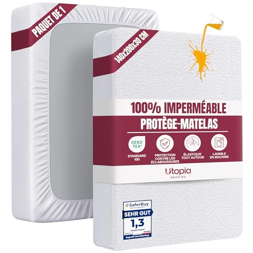 Utopia Bedding Protège Matelas 140 x 200 x 30 cm Imperméable, Certifié Oeko TEX, Alèse Drap Housse, Matelas Couvre, Respirant, Élastique Tout Autour Blanc