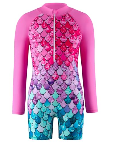 Happy Cherry Kids Girls One Piece Long Sleeve Swimsuit Printed Shorts Rash Guard Front Zip Bathing Suit