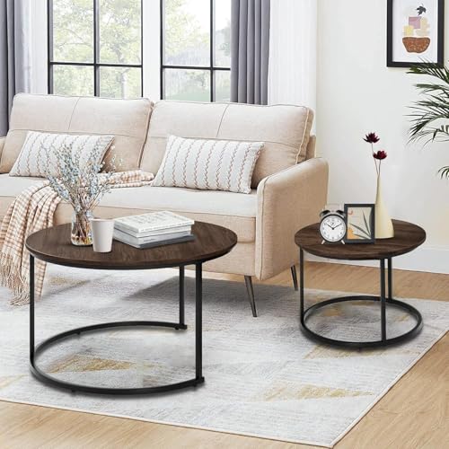 Image of Elegance Iron & Wooden Round Retro Golden Side Tables - Night Stand, Bedside, Sofa Side, Coffee, Centre, Nesting and Bar Table Set of 2 (Black & Natural)