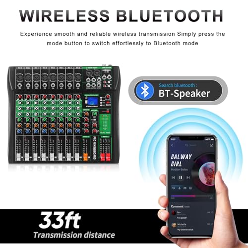 MIZISNR Audio Mixer 8 Channel, Professional Music Sound Mixer Board with Reverb, Digital DJ Mixing Console with 48V Phantom Power USB Port Bluetooth for Recording Karaoke Podcasting (AX-80) - Thumbnail 3