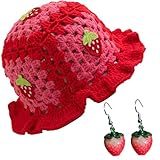 ChZhogYueg 2Pcs Strawberry Hat with Earrings Cute Crochet Bucket Hats for Women Handmade Floral Hat Foldable Knitted Hats