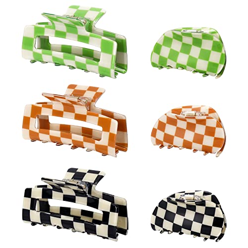 Whaline 6 Pack Checkered Hair Claw Clips Rectangle Semicircle Hair Barrettes Claw Colorful Plaid Non-Slip Strong Hold Catch Hair Clips Jumbo Hair Styling Accessories for Women Girls Thin Thick Hair