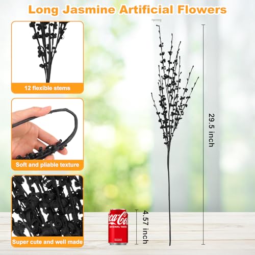 Wootkey 5 Pcs Artificial Black Flowers Jasmine 29.5" Long Black Floral Stem Faux Dry Branches for DIY Bridal Bouquets Wedding Gothic Aesthetic Graduation Halloween Party Decoration image 4