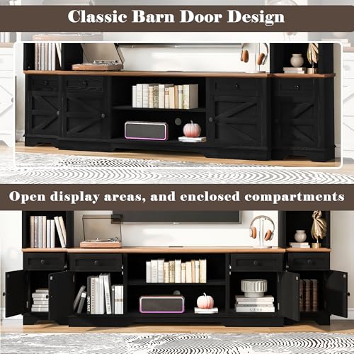 Image of 98.8 inch W Wall Unit Entertainment Center with Bookshelves and Power Outlets for TVs up to 80 inch, Wood TV Stand Media Console with Cabinets Drawers Doors and Adjustable Shelves for Living Room Black+Brown