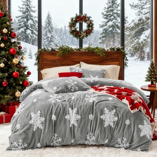 Bedsure Fluffy Duvet Cover Set - Ultra Soft Plush Shaggy Comforter Cover King Size, Warm Flannel Fleece Bed Sets for Winter, 3 Pieces, Snowflake Pattern, Grey