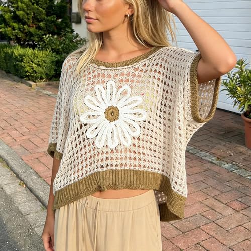 Image of Women Floral Crochet Sweater Short Sleeve Crewneck Hollow Out Lightweight Knit Pullover Tops 2025 Summer Beach Cover Ups