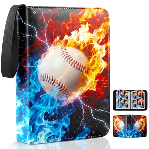 Image of Baseball Card Binder 4 Pockets Sports Card Binder Holds 400 Cards with 50 Removable Double Sleeves, Portable PU Zipper Trading Card Album, Fits TCG Collectors Boys Girls Gift