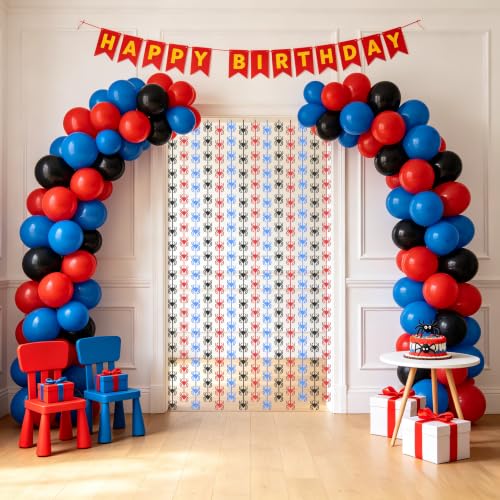 Image of TONIFUL 2Pcs Black Red Blue Spider Cutouts Metallic Foil Fringe Curtains | 3.3ftx6.6ft Photo Booth Backdrop Door Tinsel Streamers, Props for Spider Themed Birthday Halloween Baby Shower Decorations