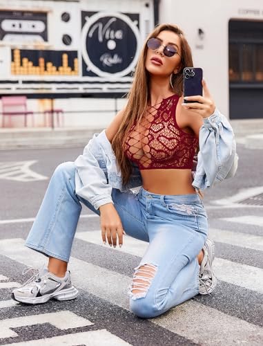 Image of Avidlove Womens Fishnet Lingerie Set Sexy Two Piece Lingeries Hollow Out Stripper Outfit Heart Print Mesh Crop Tops