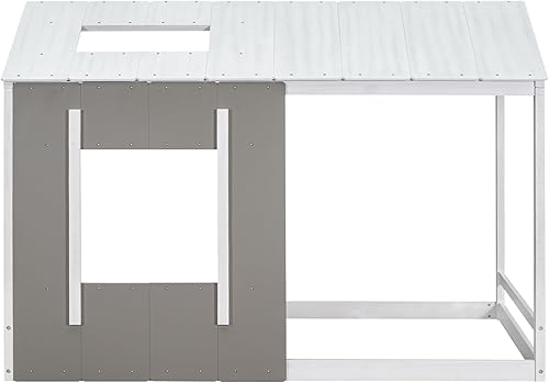 Miniatura 7 de Cama individual de madera para niños, marco de cama estilo cabaña, cama de diseño rústico, casa de juegos con techo y ventana para niñas, niños,