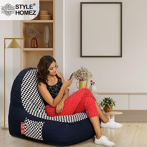 Image of Style Homez Urban Design Denim Canvas Checkered Printed Chair Bean Bag XXL Size Filled with Beans Fillers