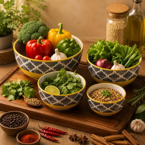 Image of Ceramic Mixing Bowl Set - 4 Pieces (1500ml, 800ml, 600ml, 400ml), Yellow Grey - Durable, Microwave & Dishwasher Safe - Ideal for Mixing, Serving & Storage