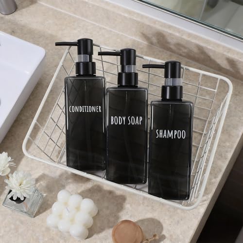 Image of Segbeauty 16.9oz Black Large Plastic Soap Dispenser Bathroom, 3pcs Large Capacity Refillable Shampoo and Conditioner Dispenser, 500ml Body Lotion Bottle, Pre-printed Square Empty Gel Cream Pump Bottle