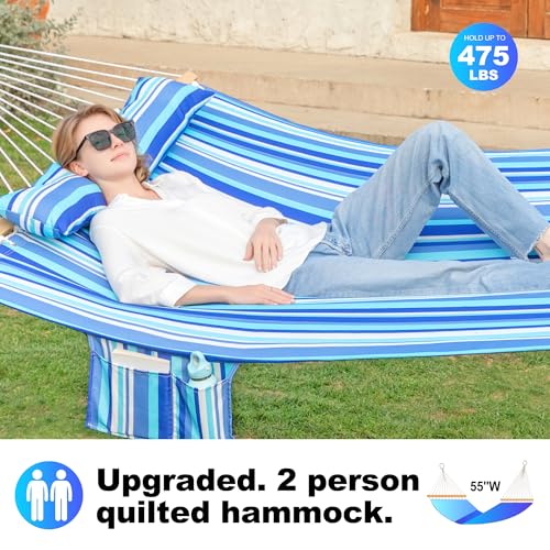Image of GAFETE Hammock 2 Person Quilted Fabric Hammocks for Outside, Double 12ft Hammocks with Spreader Bar, Large Removable Pillow, Storage Bag, Carabiners, Max 475 lbs Capacity (Ocean Blue)