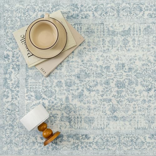 Blue Runner Rug 2x6 Hallway Machine Washable Kitchen Vintage Distressed Non Slip Long Carpet Indoor Retro Floral Bedroom Accent Throw Rug for Bathroom Office Laundry Dining Room