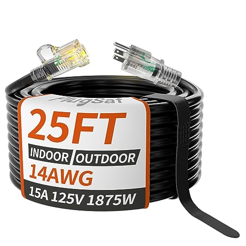 PlugSaf 14/3 Gauge Black Outdoor Extension Cord 25 ft Waterproof with Lighted Indicator, Cold...