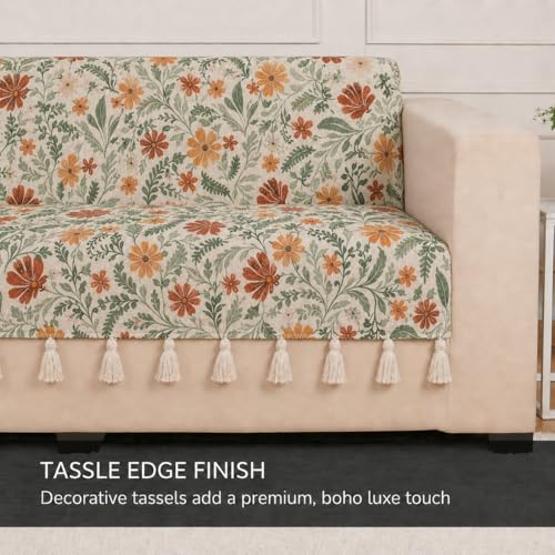 Image of STITCHNEST 'Eden Weaves Collection Series' 1 Seater Sofa Cover - Full Coverage| Elegant Woven Fabric, Decorative Tassels, Washable & Durable for Modern Living