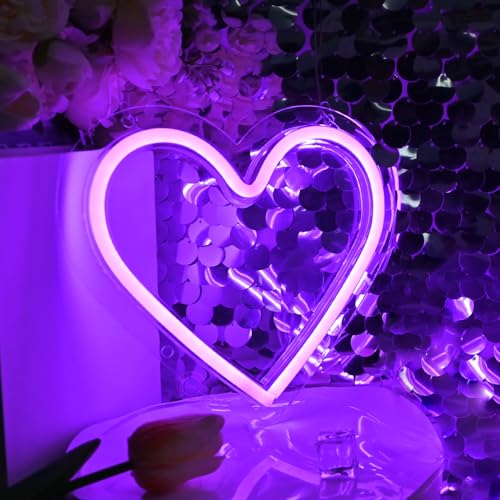 Image of Britrio Heart Neon Sign, Purple Love Neon Light Room Decor for Girl Bedroom LED Heart Lamp for Birthday Party Wall Decoration Home Decor Mothers Day Valentine Gifts Battery Operated or USB Powered