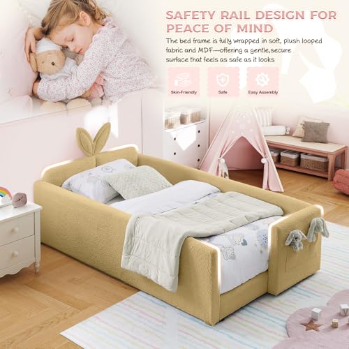 Image of Twin Size Bed Frame for Kids, Upholstered Daybed Frame Floor Bed with Safety Rails and Storage Pocket Cute Rabbit Ear Shaped Headboard for Kids Teens Boys Girls, Yellow