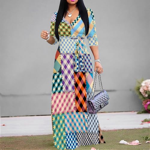 Image of PinkPatty Women's Print Maxi Dresses 3 /4 Sleeve Flowy Long Dress V Neck Wrap Tie Waist Sundress