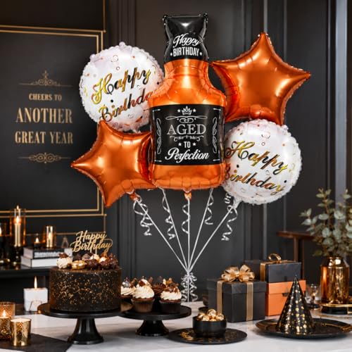 Image of Wanna Party Aged To Perfection Birthday Foil Balloon Bouquet Set of 5 | Bottle & Star Theme Helium Supported Balloons for Birthday Party Decoration, Cake Table Setup & Celebration Backdrop