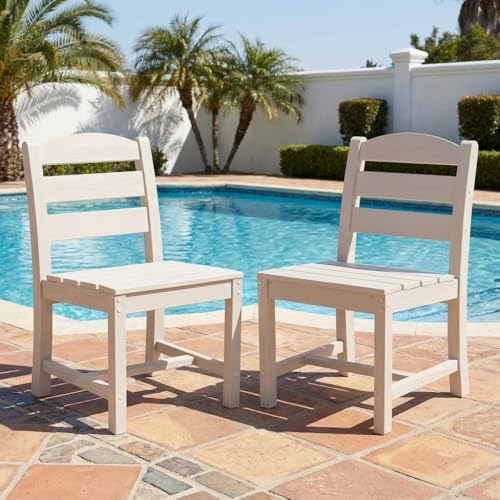 Image of SERWALL Outdoor HDPE Armless Dining Chairs Set of 2,All-Weather Use,White | Weather-resistant dining chairs resist fading and cracking, with armless design for comfortable outdoor seating.