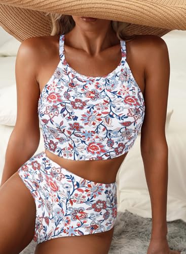 Image of Herseas Women's Bikini Sets High Neck Tropical Leaf Print High Waisted Two Pieces Swimsuits Bathing Suits