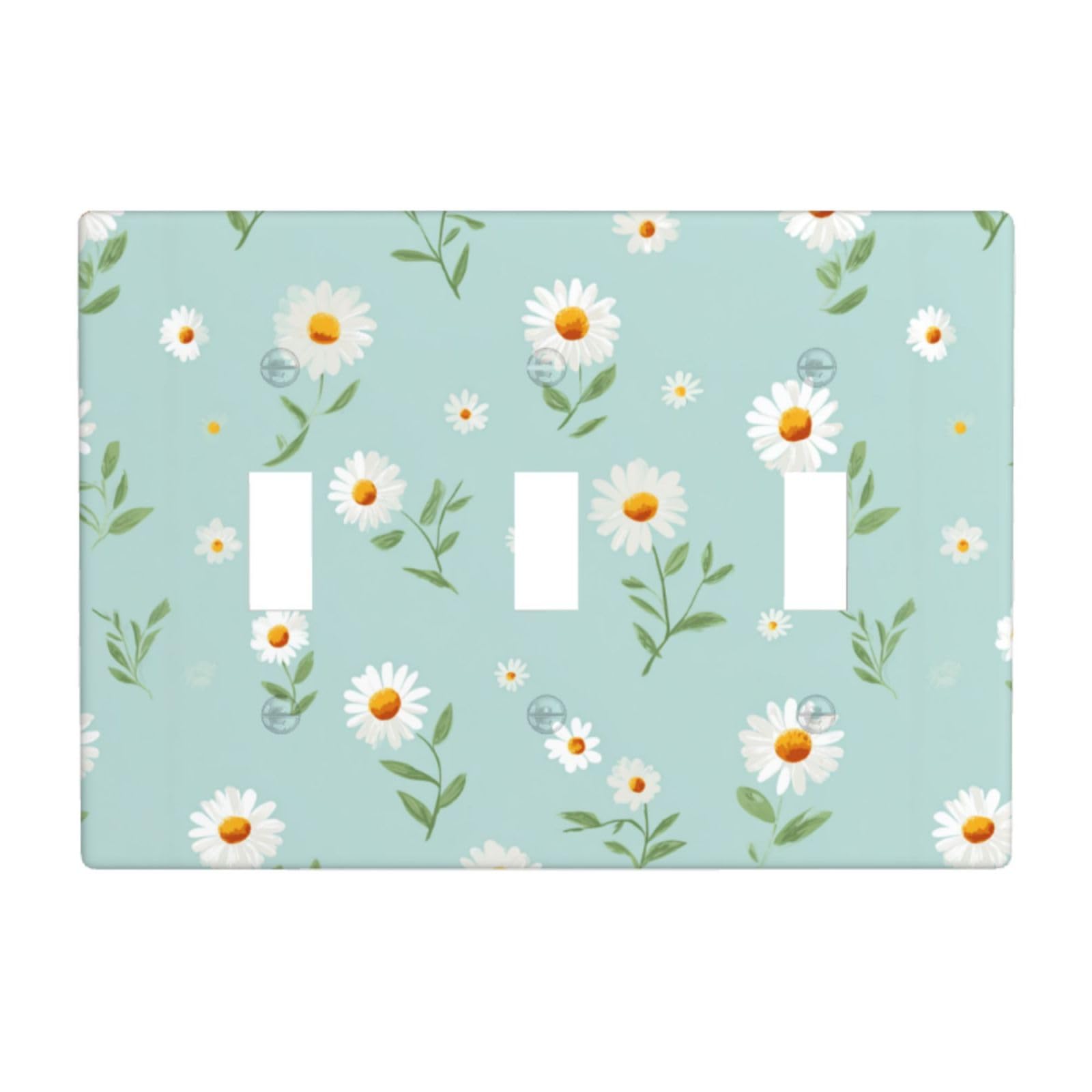 Woshuwo White Daisy Flowers On Light Blue Minimalistic Light Switch Covers 3 Gang Triple Toggle Wall Plate Switchplate Electrical Faceplate For Bathroom Kitchen Bedroom Decor