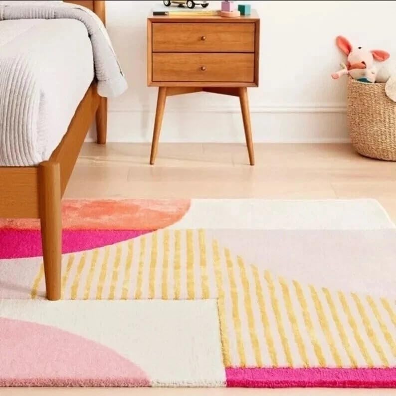 10x14 Ft Hand Tufted Wool Area Rug, Modern Abstract Geometric Pink Yellow & Beige Design, Premium Handmade Carpet for Living Room Bedroom & Home Décor