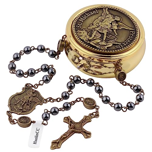 HanlinCC Hematite Black Stone Beads Saint Michael the Archangel Catholic Rosary Necklace with Gold Metal Gift Box for Men Women