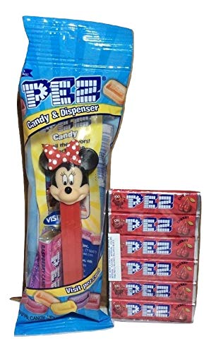 Pez Minnie Mouse con dispensador BowPez de lunares rojos en bolsa de violonchelo con 2 rollos de caramelo + paquete de 6 rollos de repuestos de